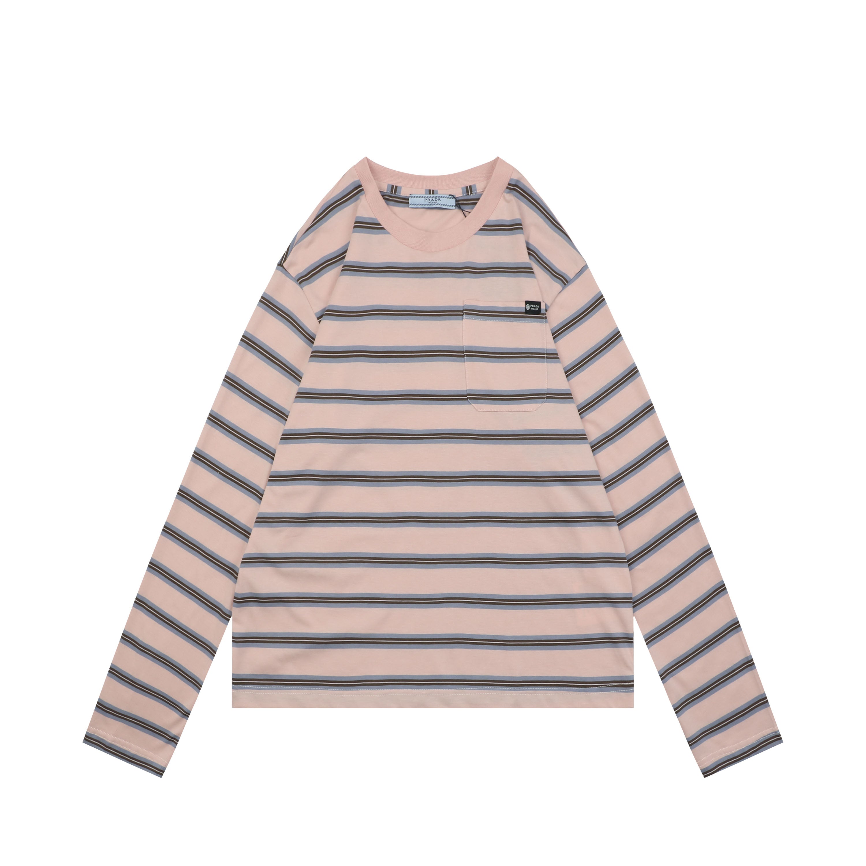 Prada Light Pink Stripe Pocket Label Long Sleeve Tee
