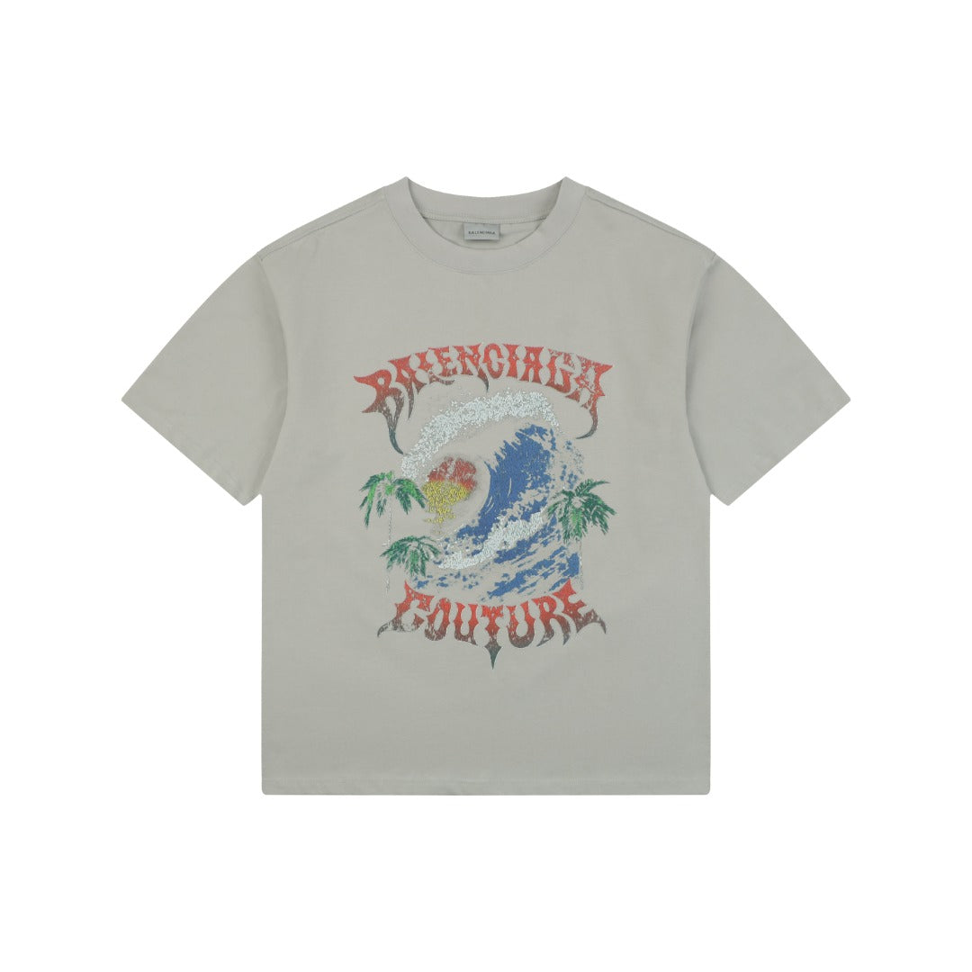 Balenciaga Couture Sunset Wave Print Short Sleeve Tee - Grey