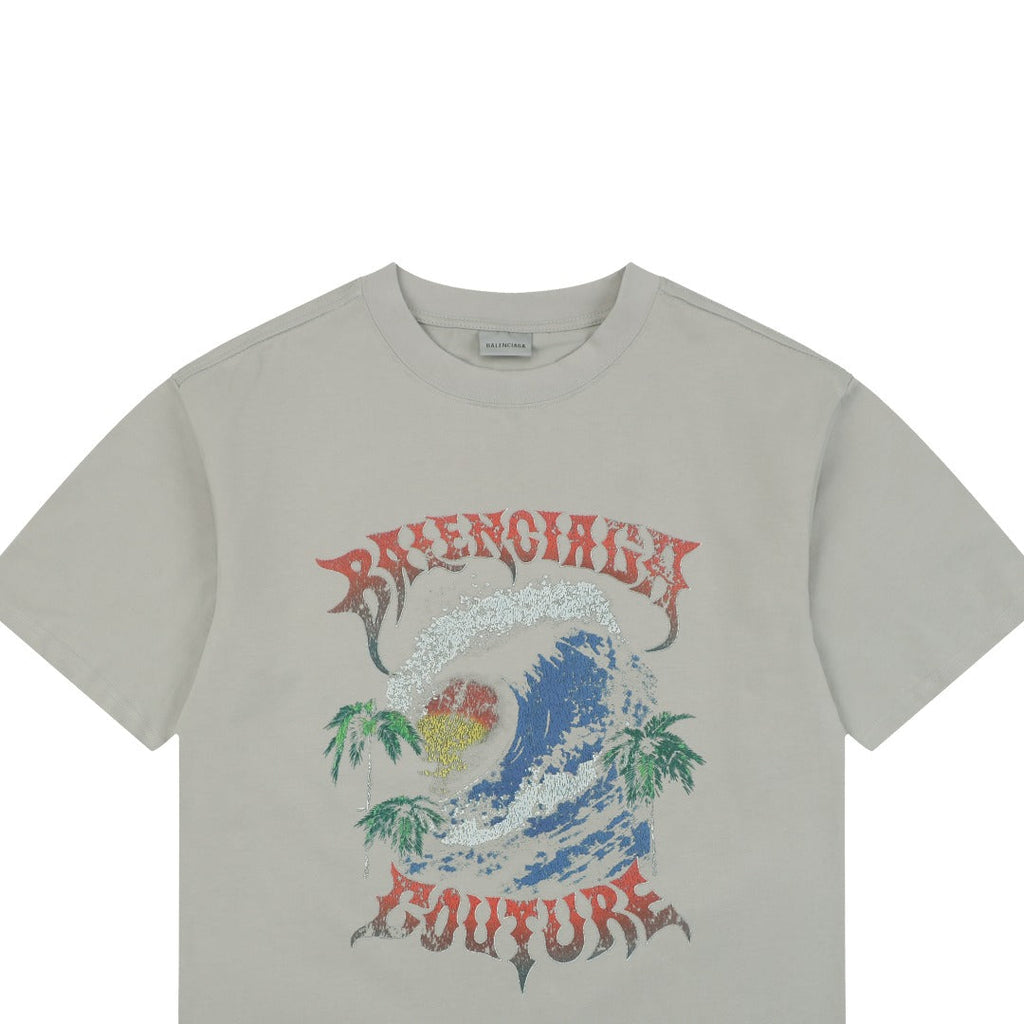 Balenciaga Couture Sunset Wave Print Short Sleeve Tee - Grey