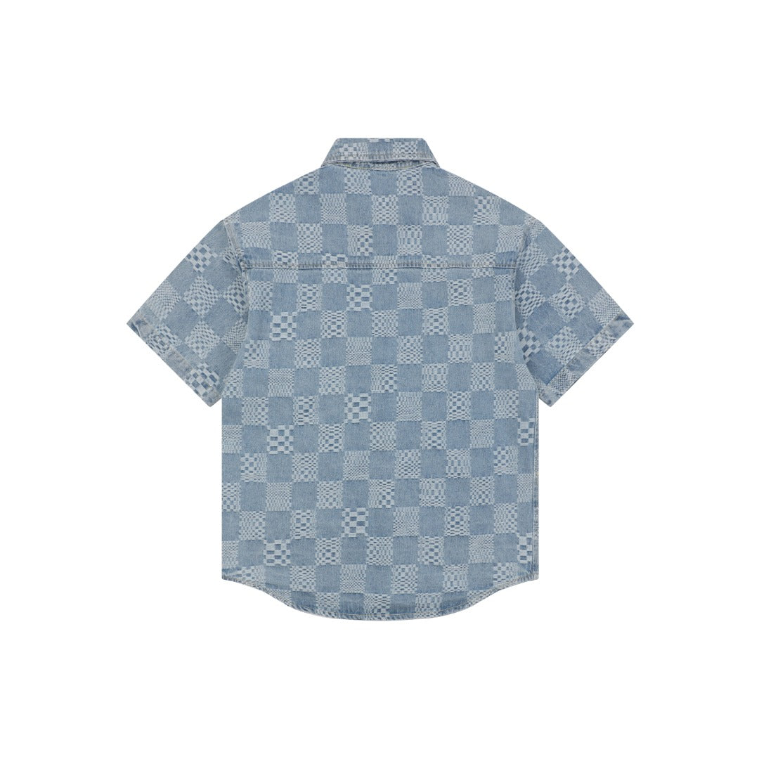 Louis Vuitton Light Blue Checkerboard Denim Short Sleeve Shirt