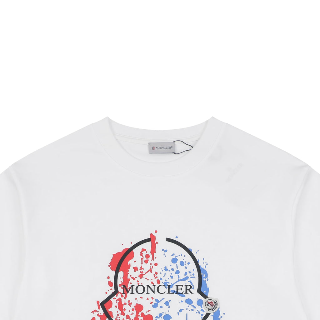 Moncler Red & Blue Ink Splash Oversized Logo Print Short Sleeve Tee — White