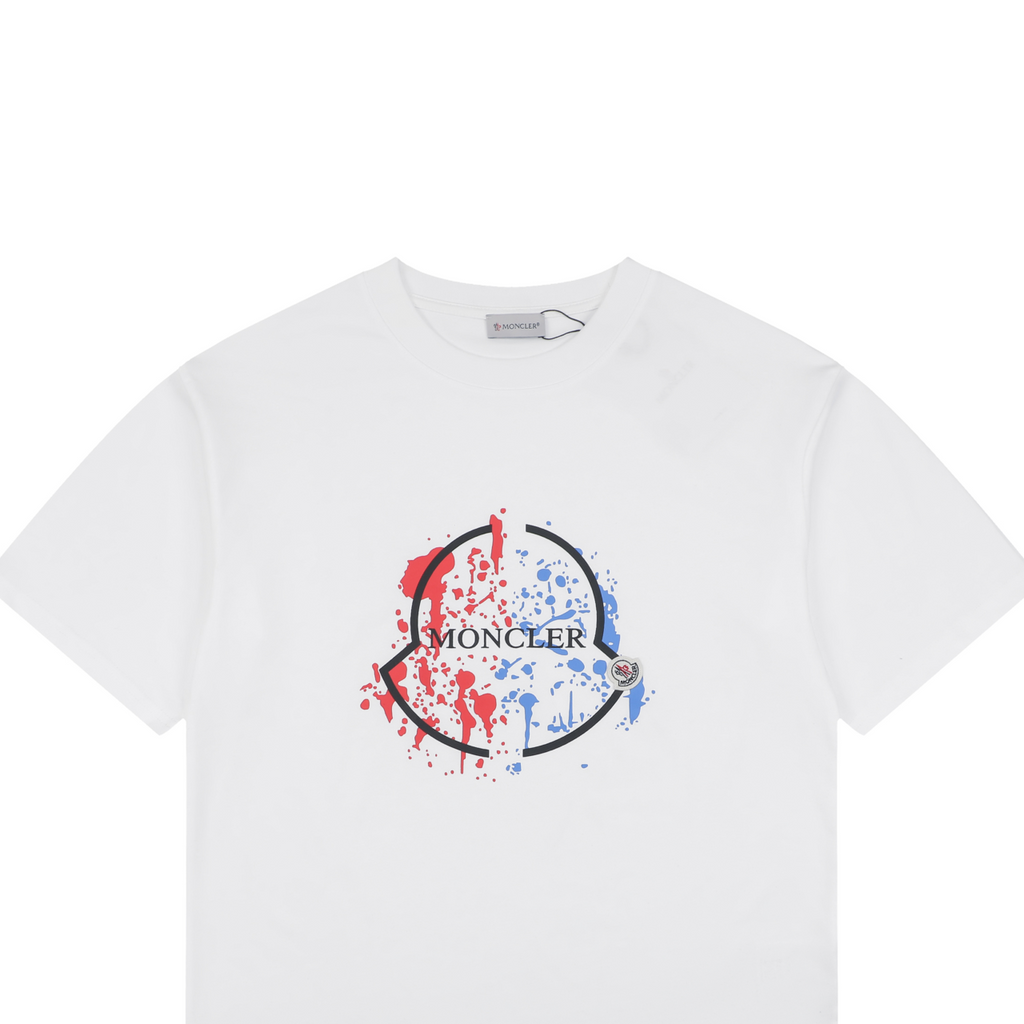 Moncler Red & Blue Ink Splash Oversized Logo Print Short Sleeve Tee — White
