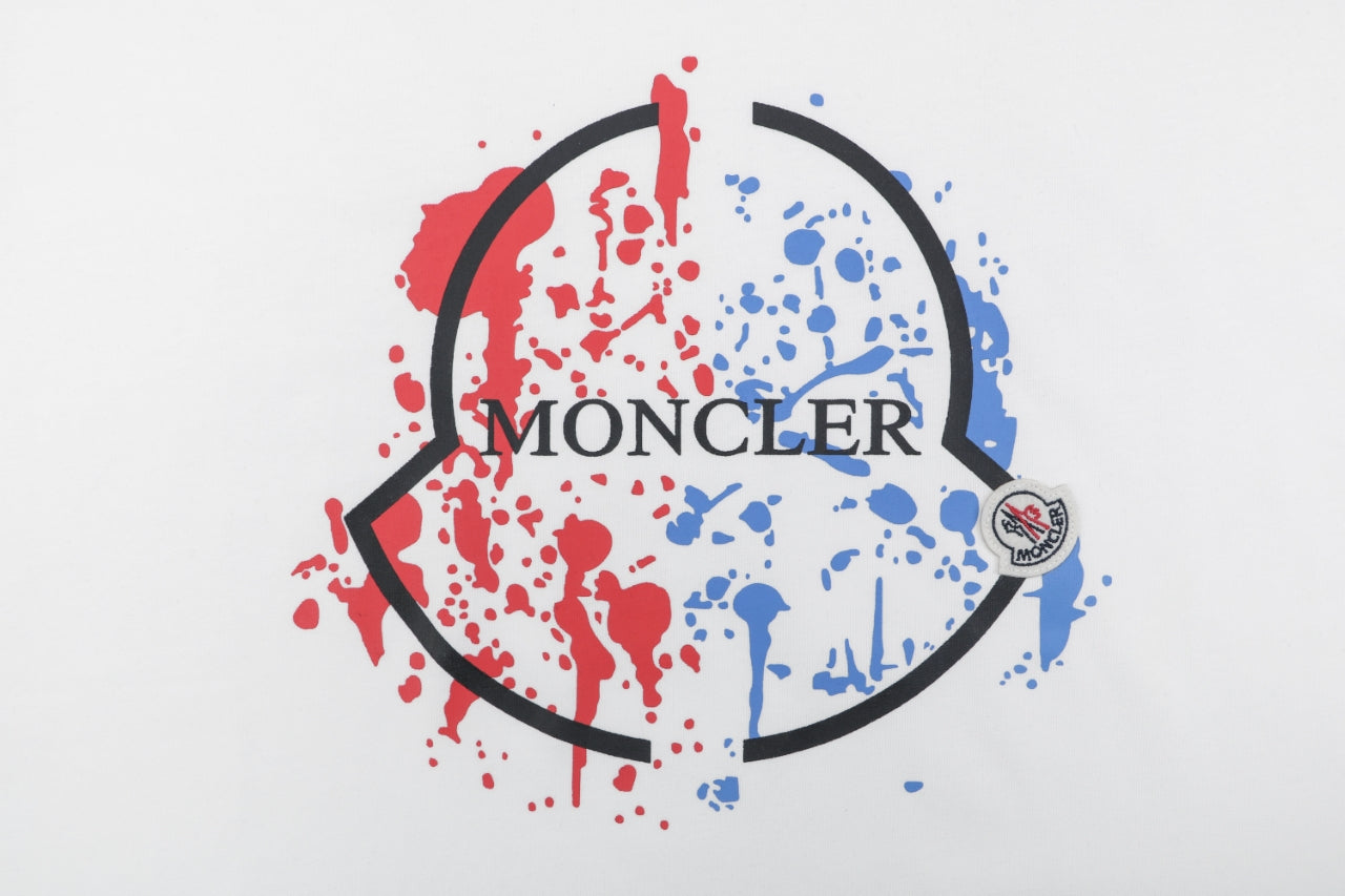 Moncler Red & Blue Ink Splash Oversized Logo Print Short Sleeve Tee — White