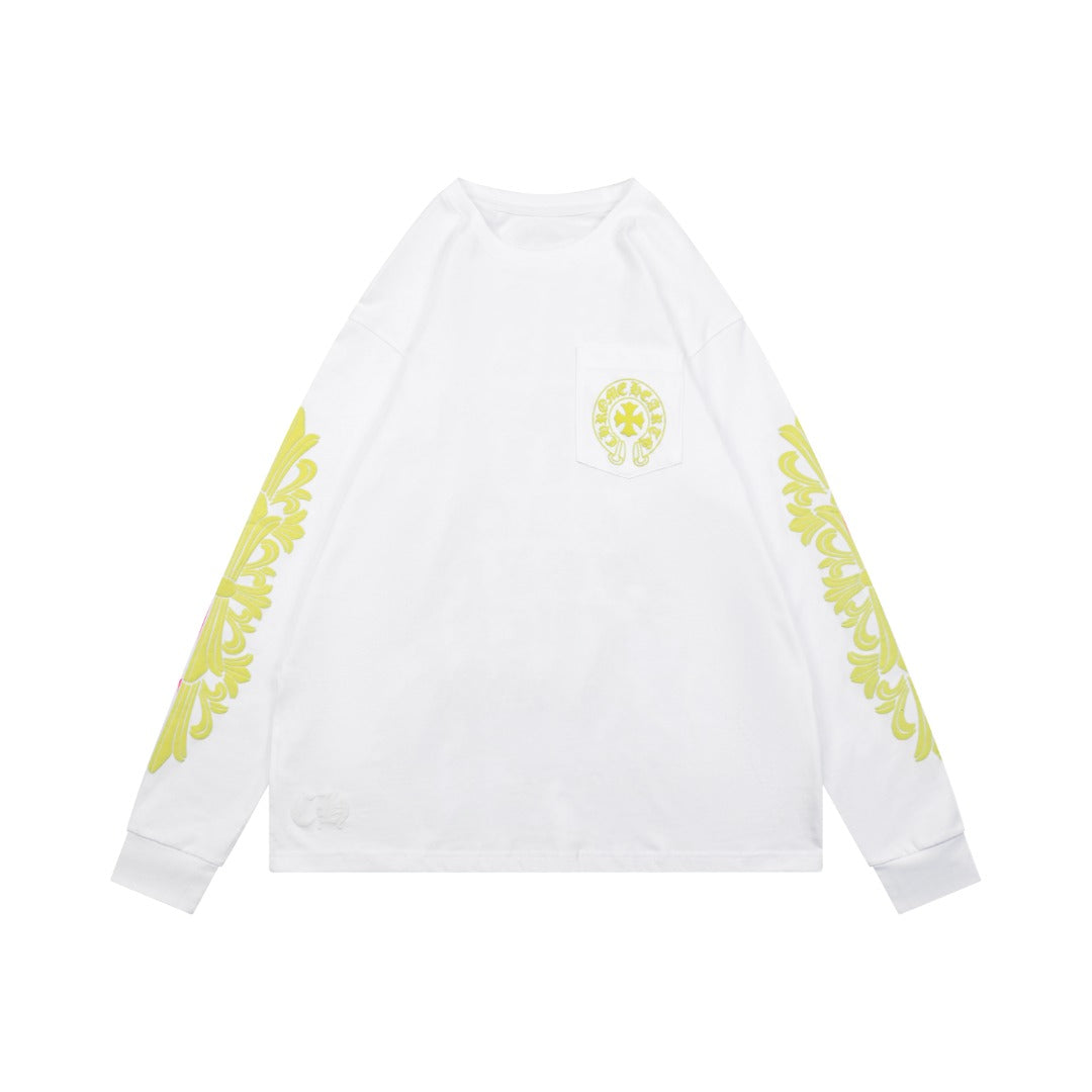 Chrome Hearts Cross Floral Sleeve & Gothic Script Back Print Long Sleeve Tee — White