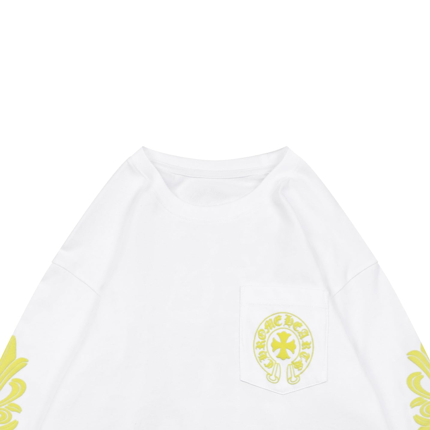 Chrome Hearts Cross Floral Sleeve & Gothic Script Back Print Long Sleeve Tee — White