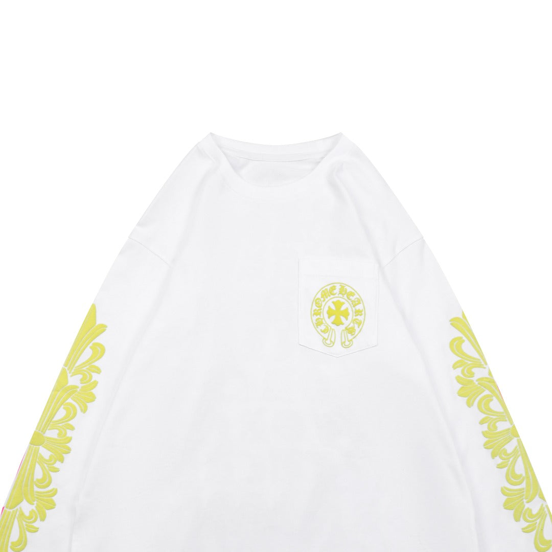 Chrome Hearts Cross Floral Sleeve & Gothic Script Back Print Long Sleeve Tee — White