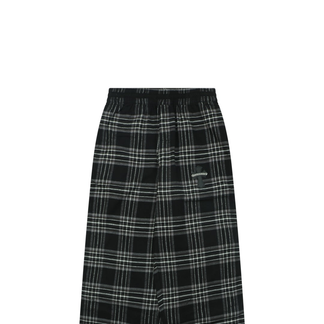 Chrome Hearts All-Over Plaid Cross Leather Tab Trousers — Black / Grey / Green